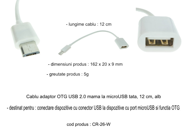 Cablu adaptor OTG USB 2.0 mama la microUSB tata, 12 cm, alb [6]