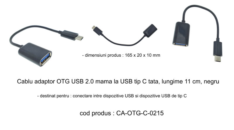 Cablu adaptor OTG USB 2.0 mama la USB tip C tata, lungime 11 cm, negru [5]
