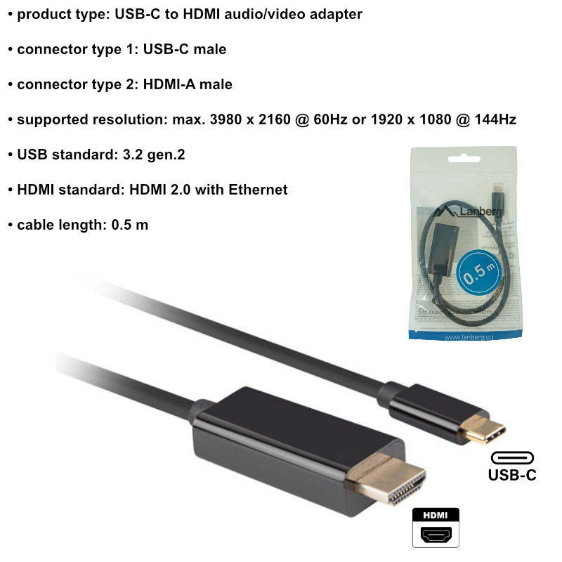 Cablu adaptor USB-C tata la HDMI tata, USB 3.2 gen.2, HDMI 2.0, Lanberg 43675, FHD-144Hz, 4K-60Hz, 18Gb/s, 50cm, negru [6]