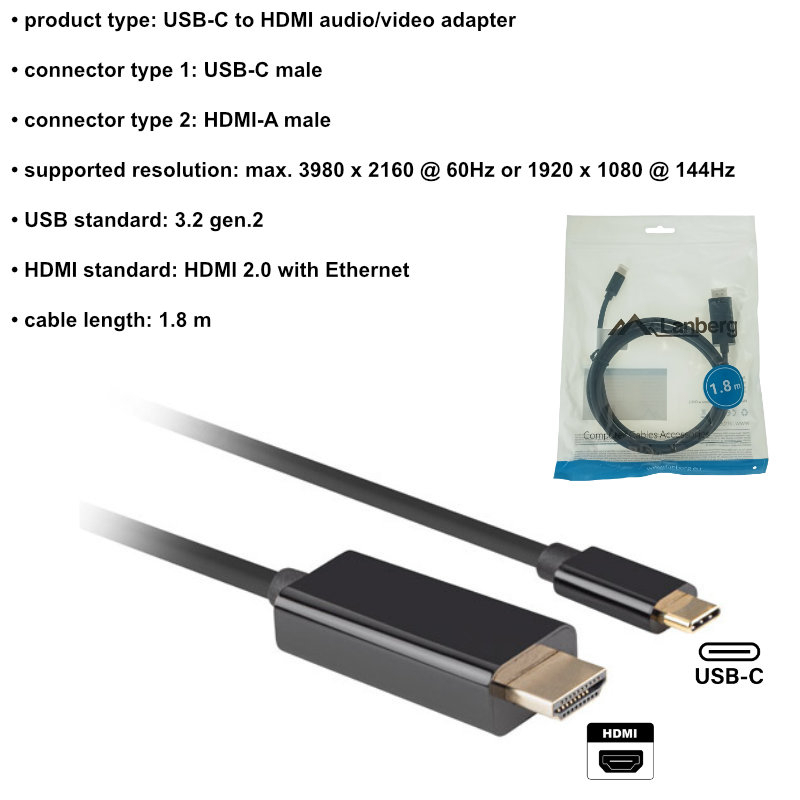 Cablu adaptor USB-C tata la HDMI tata, USB 3.2 gen.2, HDMI 2.0, Lanberg 43677, FHD-144Hz, 4K-60Hz, 18Gb/s, 180cm, negru [6]