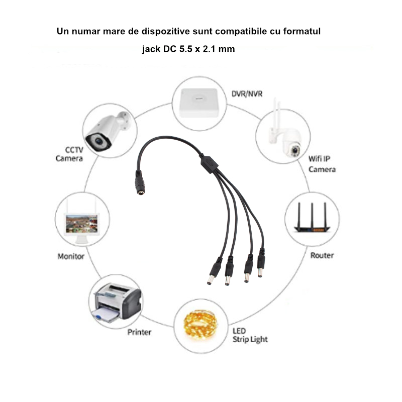 Cablu alimentare splitter 1 la 4, 5.5x2.1 mm, PR-5584-BK, 40cm, CC/DC, pentru strip LED, camere, negru [6]