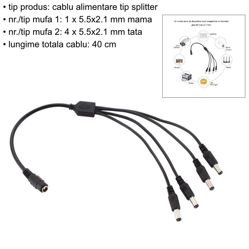Cablu alimentare splitter 1 la 4, 5.5x2.1 mm, PR-5584-BK, 40cm, CC/DC, pentru strip LED, camere, negru [5]