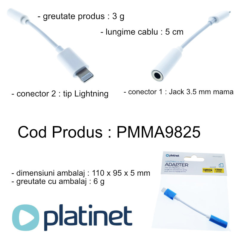 Cablu audio, adaptor Jack 3.5mm mama la conector tip Lightning, Platinet 45645, lungime 5 cm, alb [5]