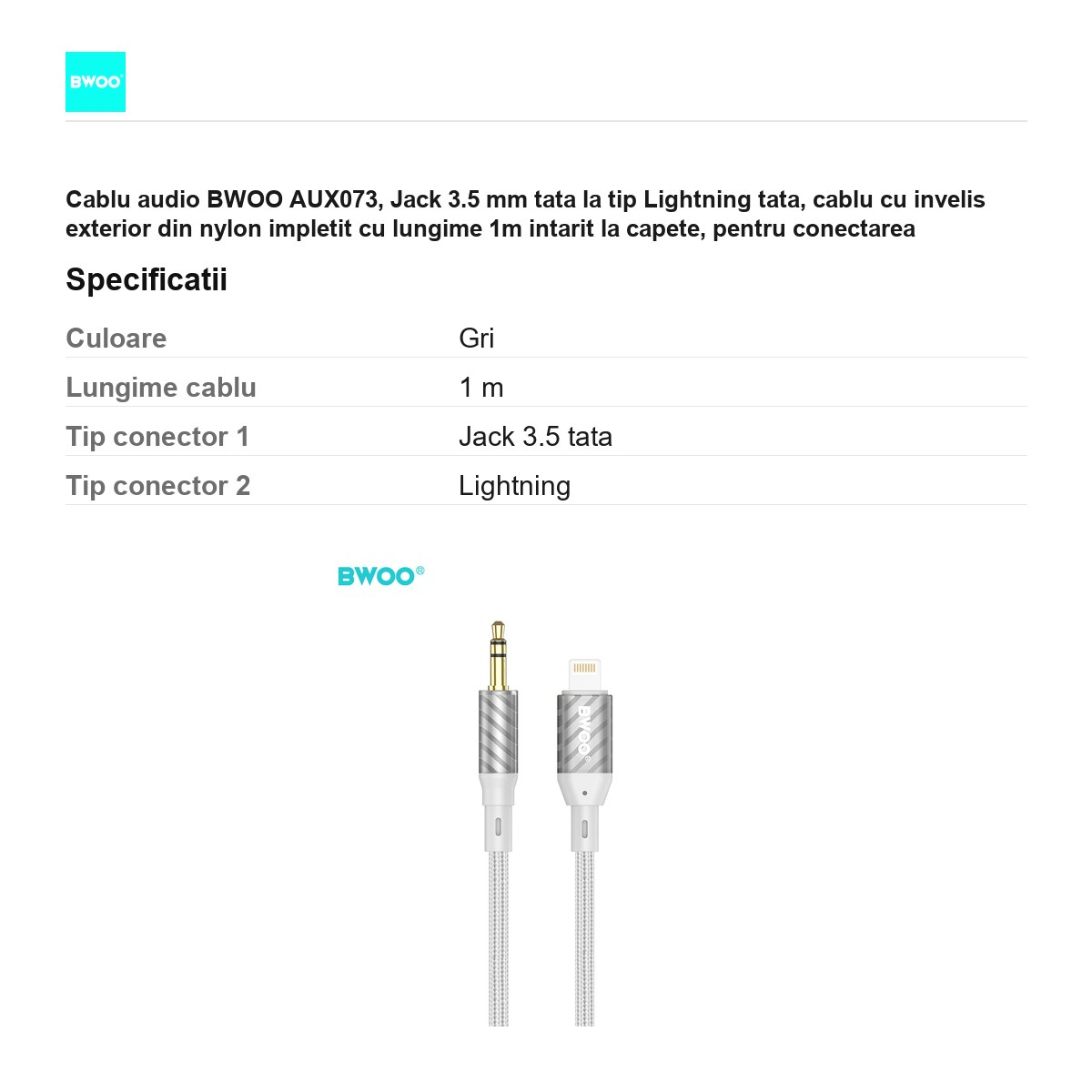 Cablu audio BWOO AUX073, Jack 3.5 mm tata la tip Lightning tata, cablu cu invelis exterior din nylon impletit cu lungime 1m intarit la capete, pentru conectarea dispozitivelor la sisteme audio, gri [3]