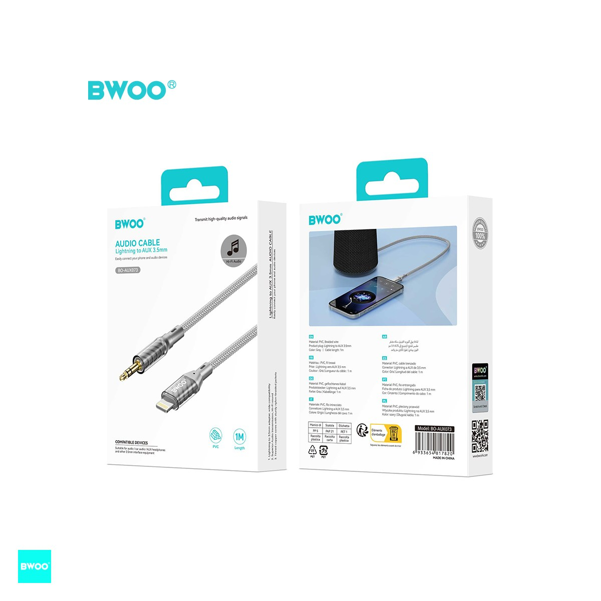 Cablu audio BWOO AUX073, Jack 3.5 mm tata la tip Lightning tata, cablu cu invelis exterior din nylon impletit cu lungime 1m intarit la capete, pentru conectarea dispozitivelor la sisteme audio, gri [5]