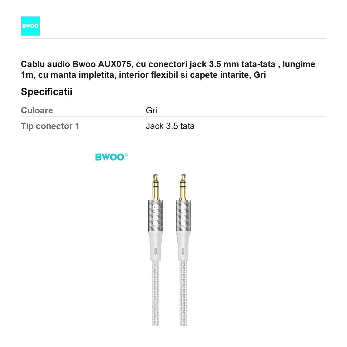 Cablu audio Bwoo AUX075, cu conectori jack 3.5 mm tata-tata , lungime 1m, cu manta impletita, interior flexibil si capete intarite, Gri [3]