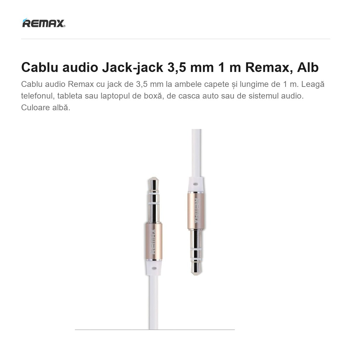 Cablu audio Jack-jack 3,5 mm 1 m Remax, Alb [2]