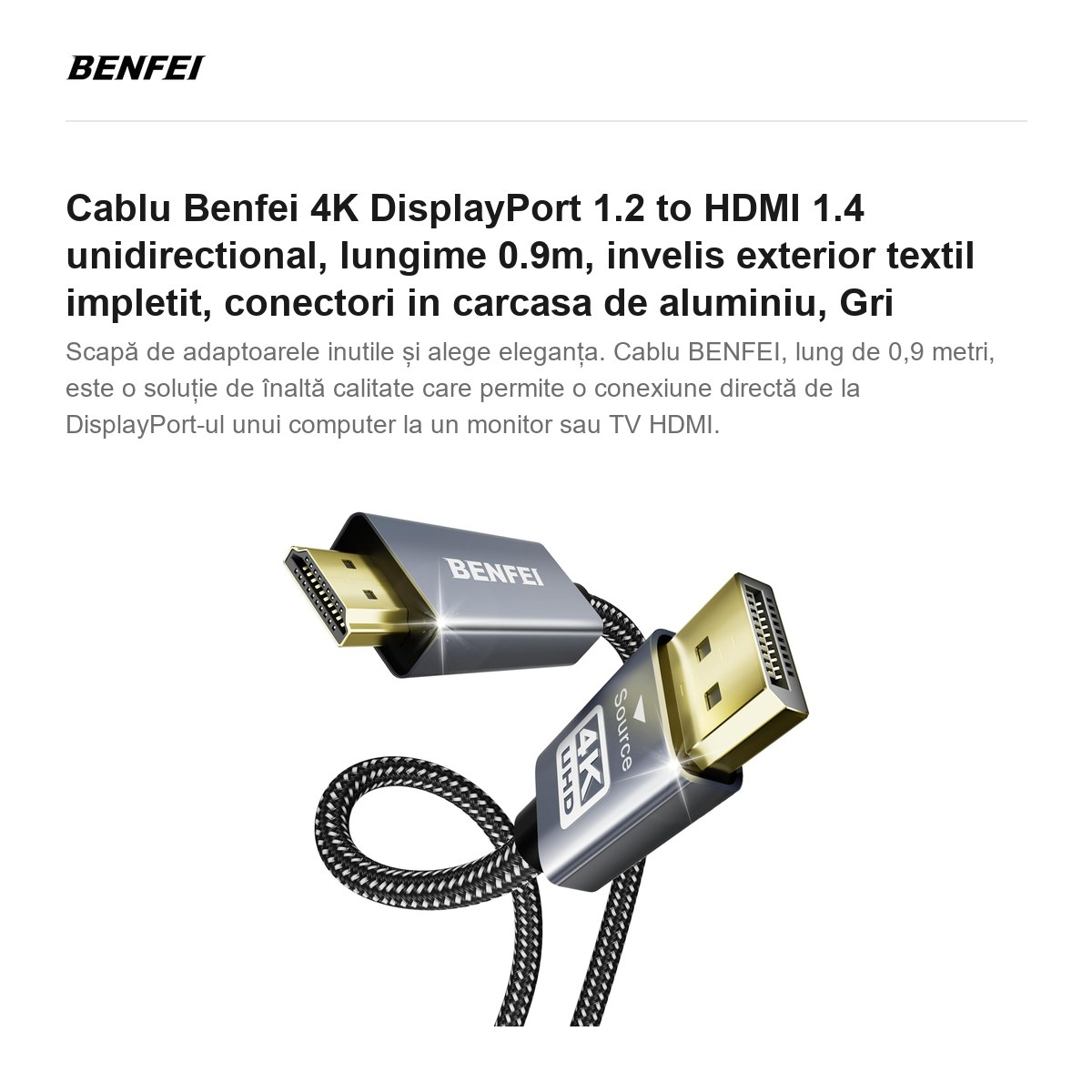 Cablu Benfei 4K DisplayPort 1.2 to HDMI 1.4 unidirectional, lungime 0.9m, invelis exterior textil impletit, conectori in carcasa de aluminiu,  Gri [2]
