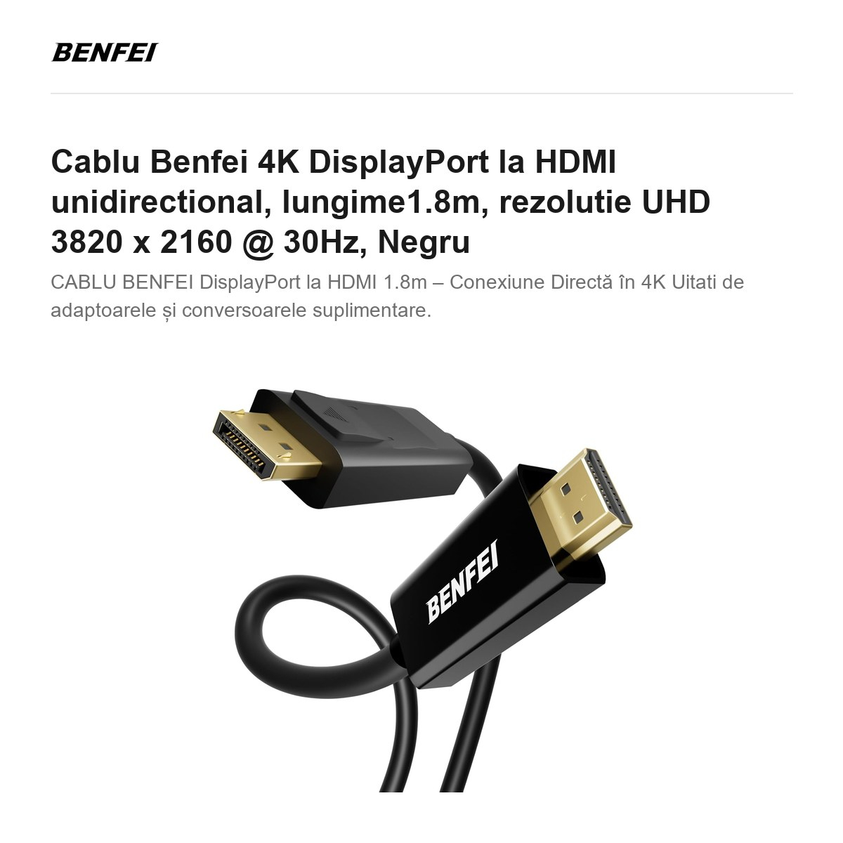 Cablu Benfei 4K DisplayPort la HDMI unidirectional, lungime1.8m, rezolutie UHD 3820 x 2160 @ 30Hz, Negru [2]