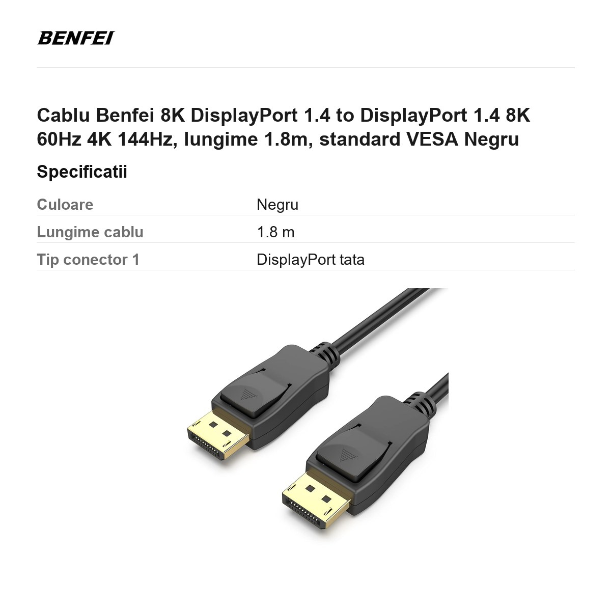Cablu Benfei 8K DisplayPort 1.4 to DisplayPort 1.4 8K 60Hz 4K 144Hz, lungime 1.8m, standard VESA Negru [3]