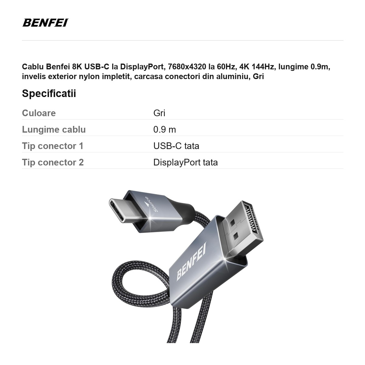 Cablu Benfei 8K USB-C la DisplayPort, 7680x4320 la 60Hz, 4K 144Hz, lungime 0.9m, invelis exterior nylon impletit, carcasa conectori din aluminiu, Gri [3]