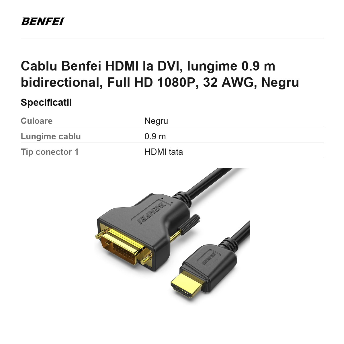 Cablu Benfei HDMI la DVI, lungime 0.9 m bidirectional, Full HD 1080P, 32 AWG, Negru [3]