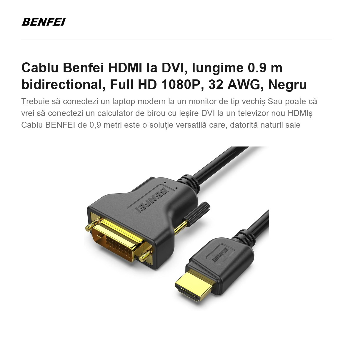 Cablu Benfei HDMI la DVI, lungime 0.9 m bidirectional, Full HD 1080P, 32 AWG, Negru [2]