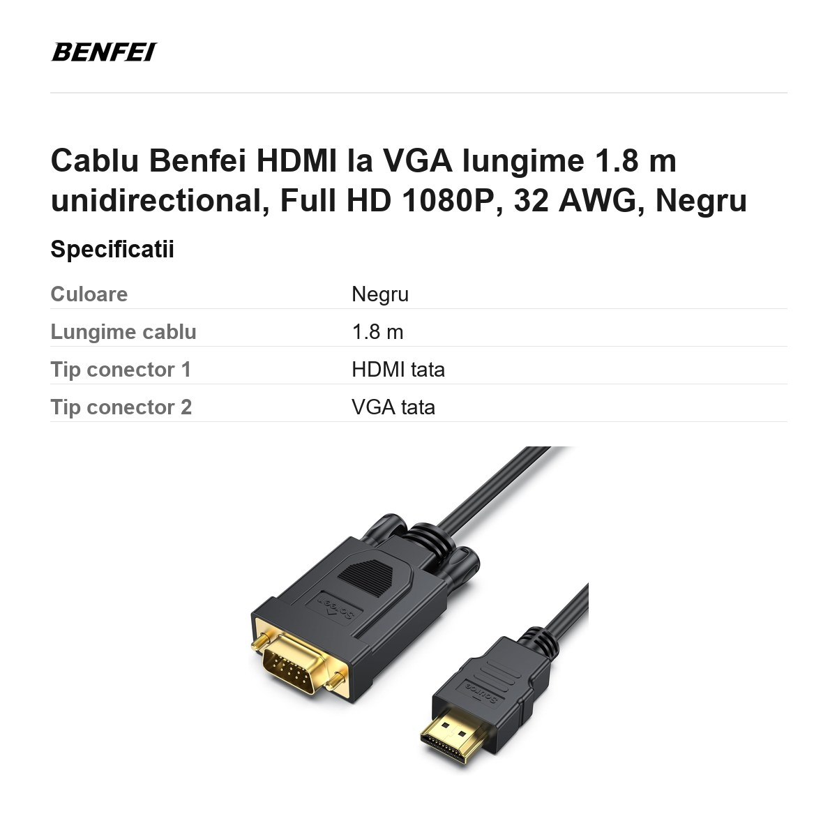 Cablu Benfei HDMI la VGA lungime 1.8 m unidirectional, Full HD 1080P, 32 AWG, Negru [3]
