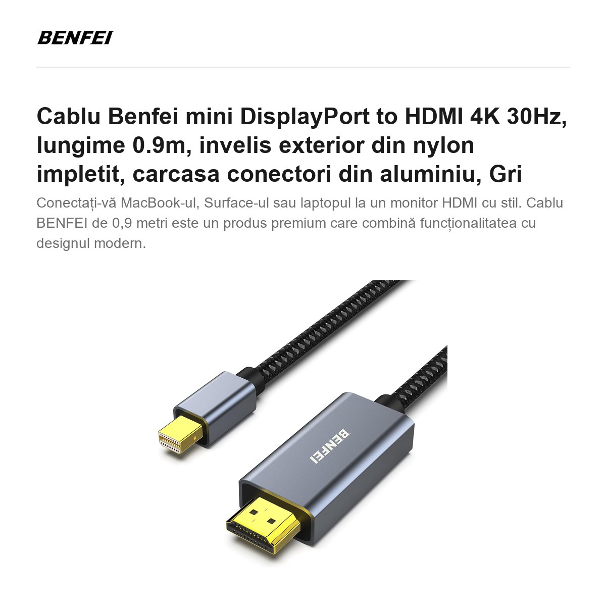 Cablu Benfei mini DisplayPort to HDMI 4K 30Hz, lungime 0.9m, invelis exterior din nylon impletit, carcasa conectori din aluminiu, Gri [2]