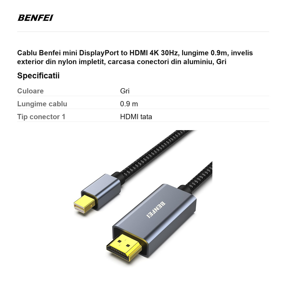 Cablu Benfei mini DisplayPort to HDMI 4K 30Hz, lungime 0.9m, invelis exterior din nylon impletit, carcasa conectori din aluminiu, Gri [3]