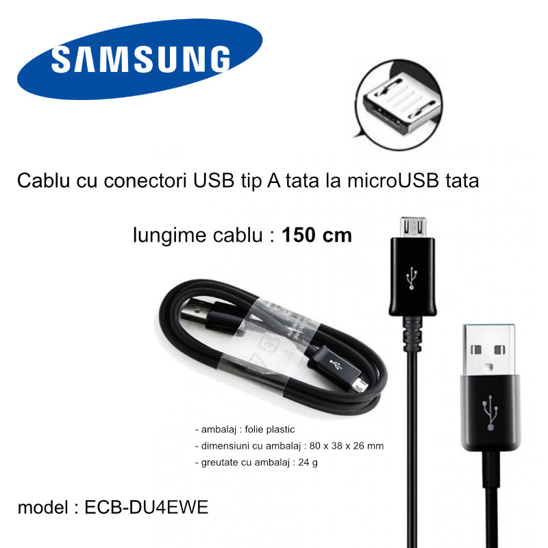 Cablu cu conectare USB tip A tata la microUSB tata, Samsung ECB-DU4EWE, lungime 1.5 m, bulk, negru [5]