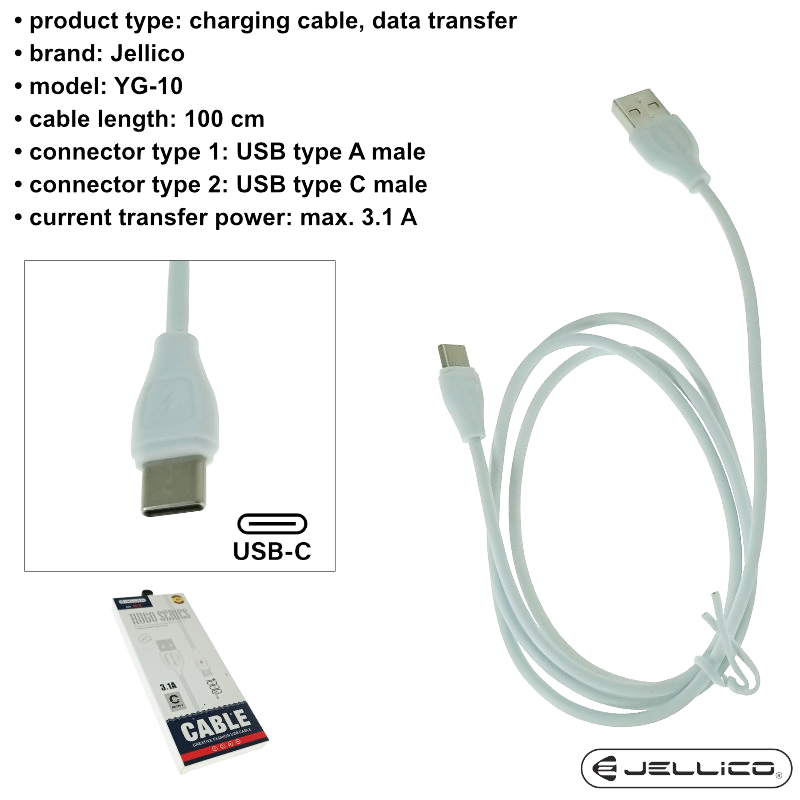 Cablu cu conectori USB-A tata la USB-C tata, 3.1A, lungime 100cm, Jellico YG-10 92131, incarcare, transfer date, alb [6]