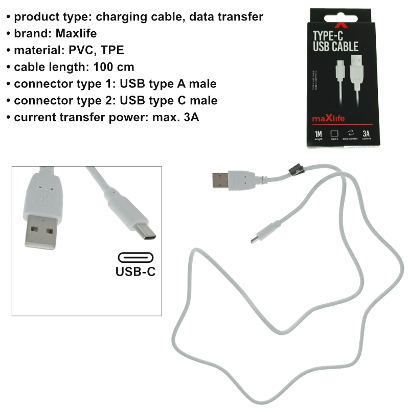 Cablu cu conectori USB-A tata la USB-C tata, Maxlife 75816, incarcare, transfer date, 3A, lungime 100cm, alb [5]