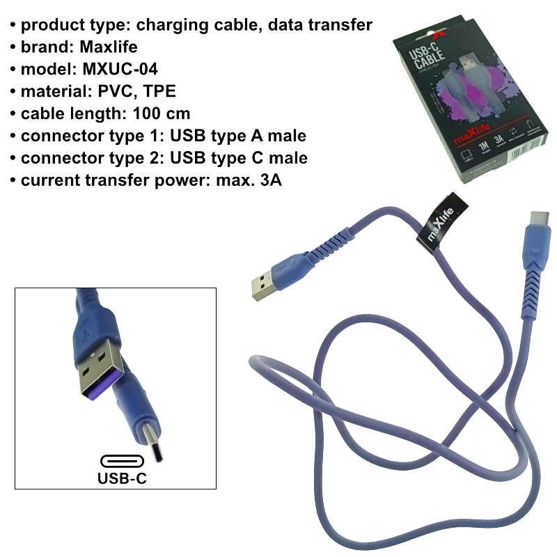 Cablu cu conectori USB-A tata la USB-C tata, Maxlife 75816, incarcare, transfer date, 3A, lungime 100cm, violet [5]
