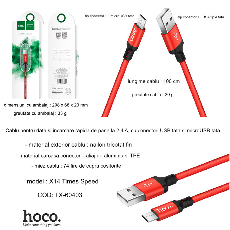 Cablu cu conectori USB la microUSB tata, HOCO X14 Times Speed, 2.4 A, lungime 1m, rosu [5]