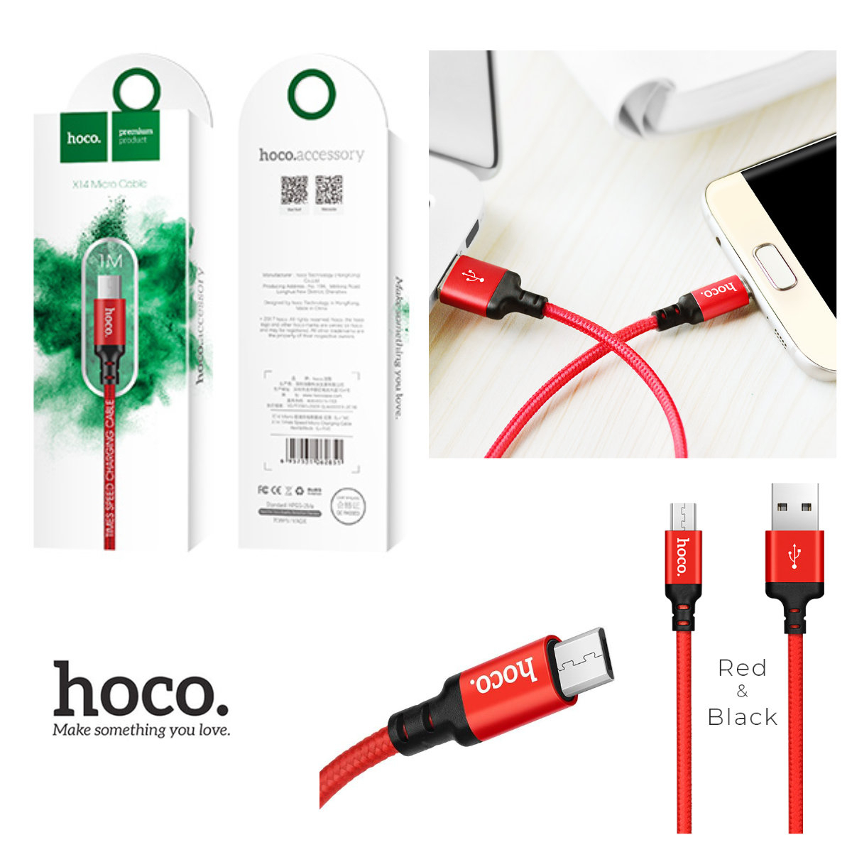 Cablu cu conectori USB la microUSB tata, HOCO X14 Times Speed, 2.4 A, lungime 1m, rosu [10]