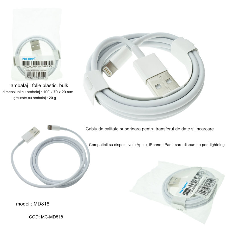 Cablu cu conectori USB tata la 8-pin lightning tata, Foxconn MD818, lungime 1m, alb [6]