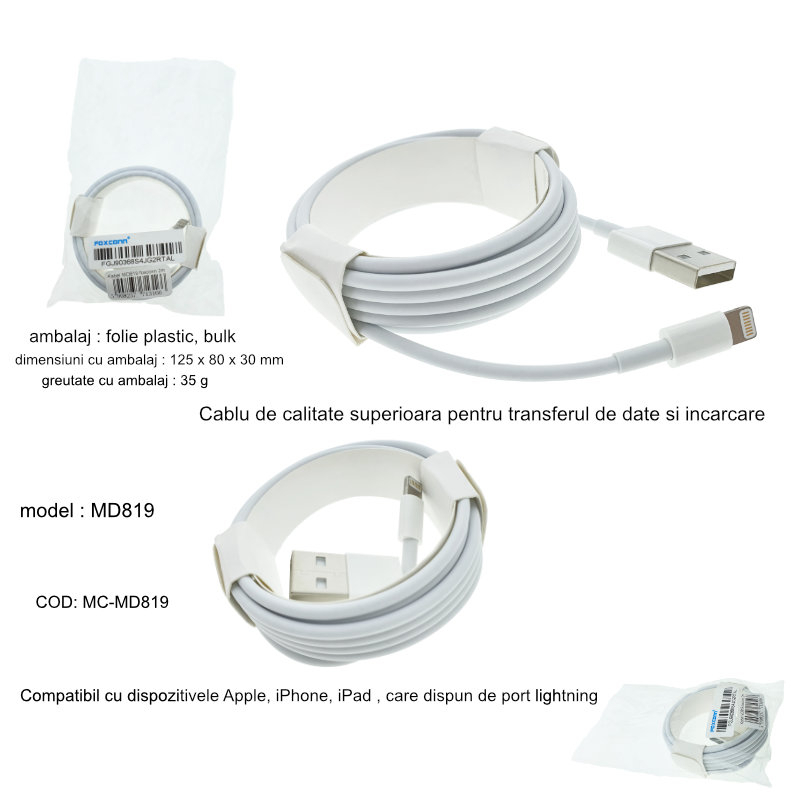 Cablu cu conectori USB tata la 8-pin lightning tata, Foxconn MD819, lungime 2m, alb [6]
