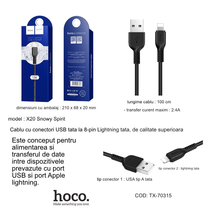 Cablu cu conectori USB tata la 8-pin Lightning tata, HOCO X20 Snowy Spirit, 2.4 A, lungime 1m, negru [10]