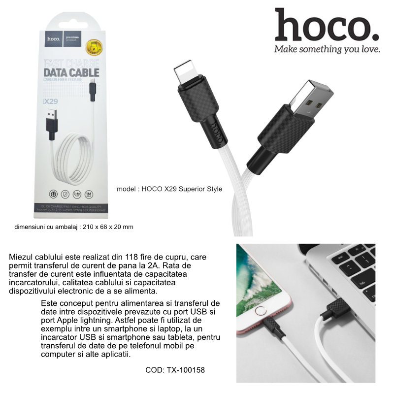 Cablu cu conectori USB tata la Lightning tata, HOCO X29W Superior Style, lungime 1m, 2A, alb [11]