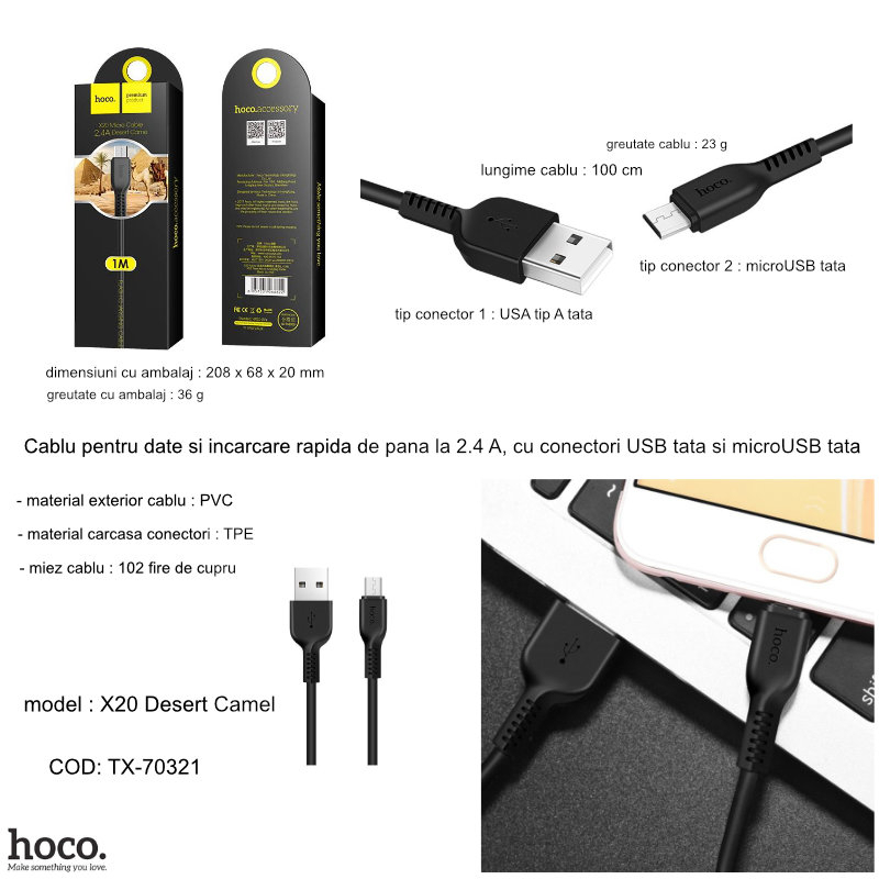 Cablu cu conectori USB tata la microUSB tata, HOCO X20 Desert Camel, 2.4 A, lungime 1m, negru [12]