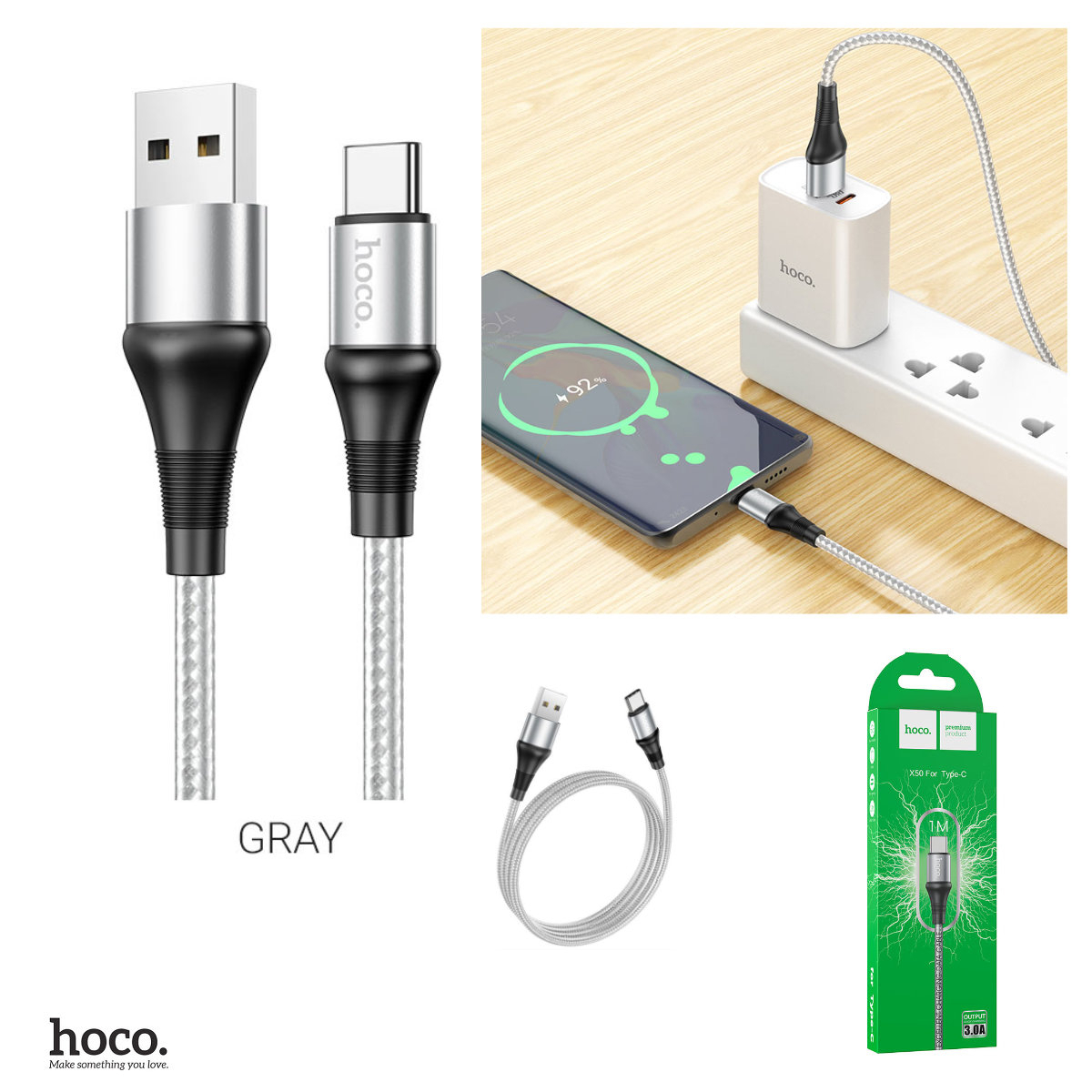 Cablu cu conectori USB tata la USB Tip C tata, HOCO X50 Excellent, 3A, lungime 1m, gri [3]
