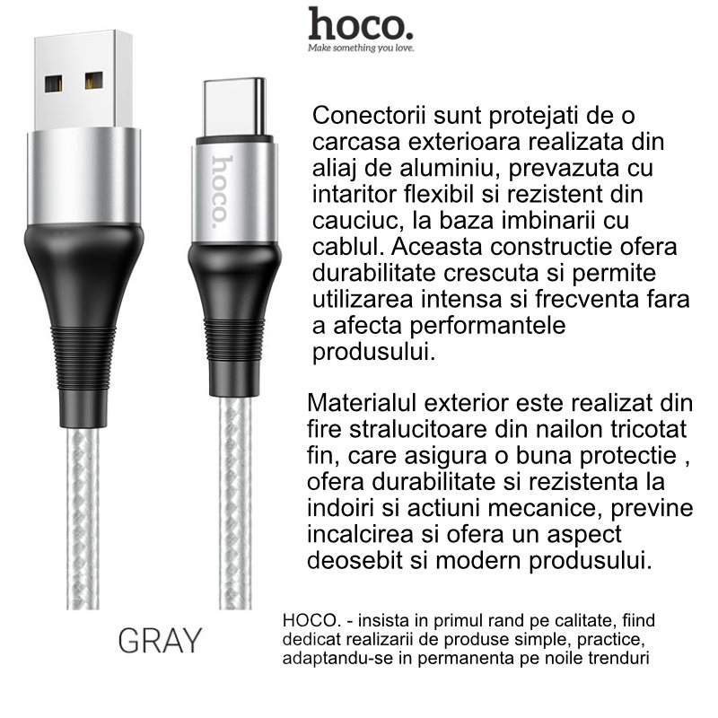 Cablu cu conectori USB tata la USB Tip C tata, HOCO X50 Excellent, 3A, lungime 1m, gri [7]