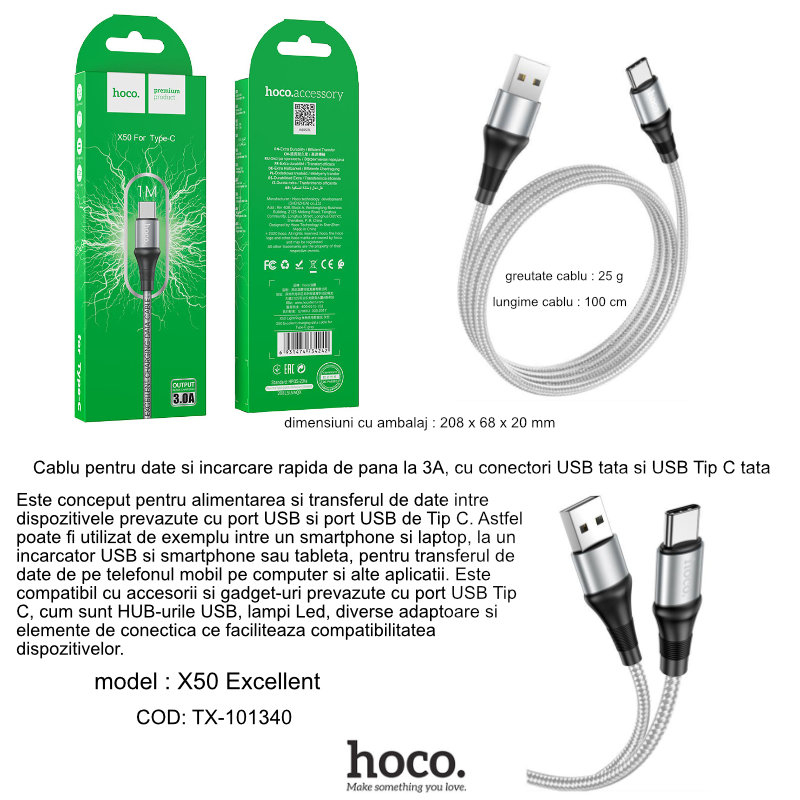 Cablu cu conectori USB tata la USB Tip C tata, HOCO X50 Excellent, 3A, lungime 1m, gri [5]