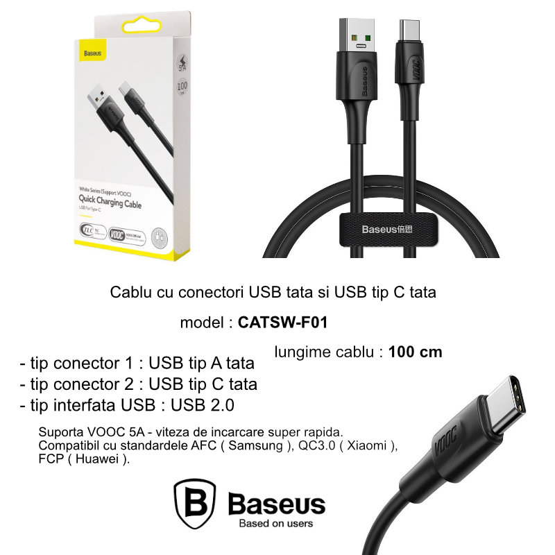 Cablu cu conectori USB tata si USB tip C tata, Baseus CATSW-F01 VOOC Quick Charge, 5A, lungime 1m, negru [17]
