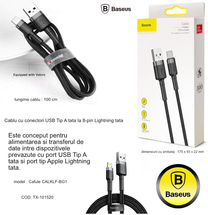 Cablu cu conectori USB Tip A tata la 8-pin Lightning tata, Baseus Cafule CALKLF-BG1, 1m, 2.4A, negru cu gri [13]