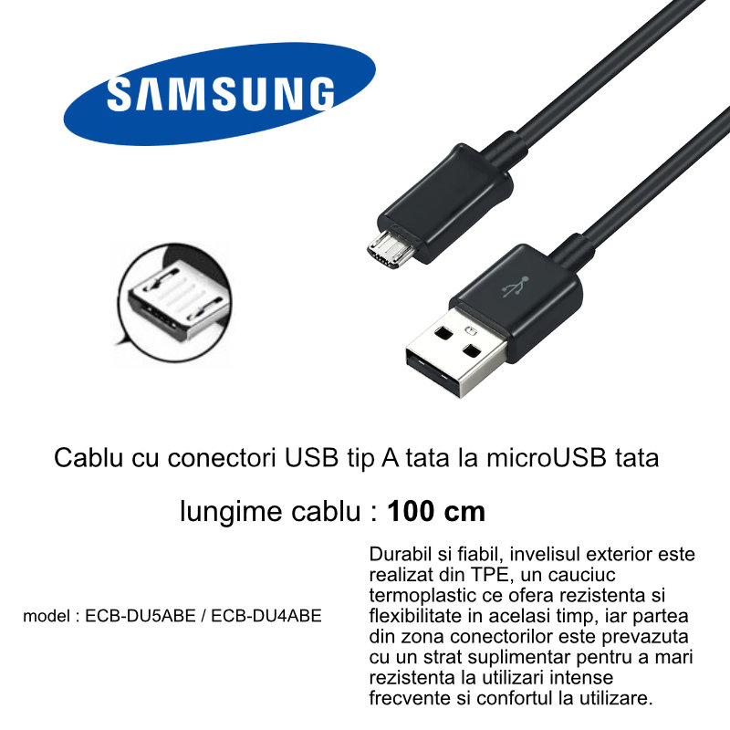 Cablu cu conectori USB tip A tata si microUSB tata, Samsung ECB-DU5ABE, lungime 1m, bulk, negru [11]