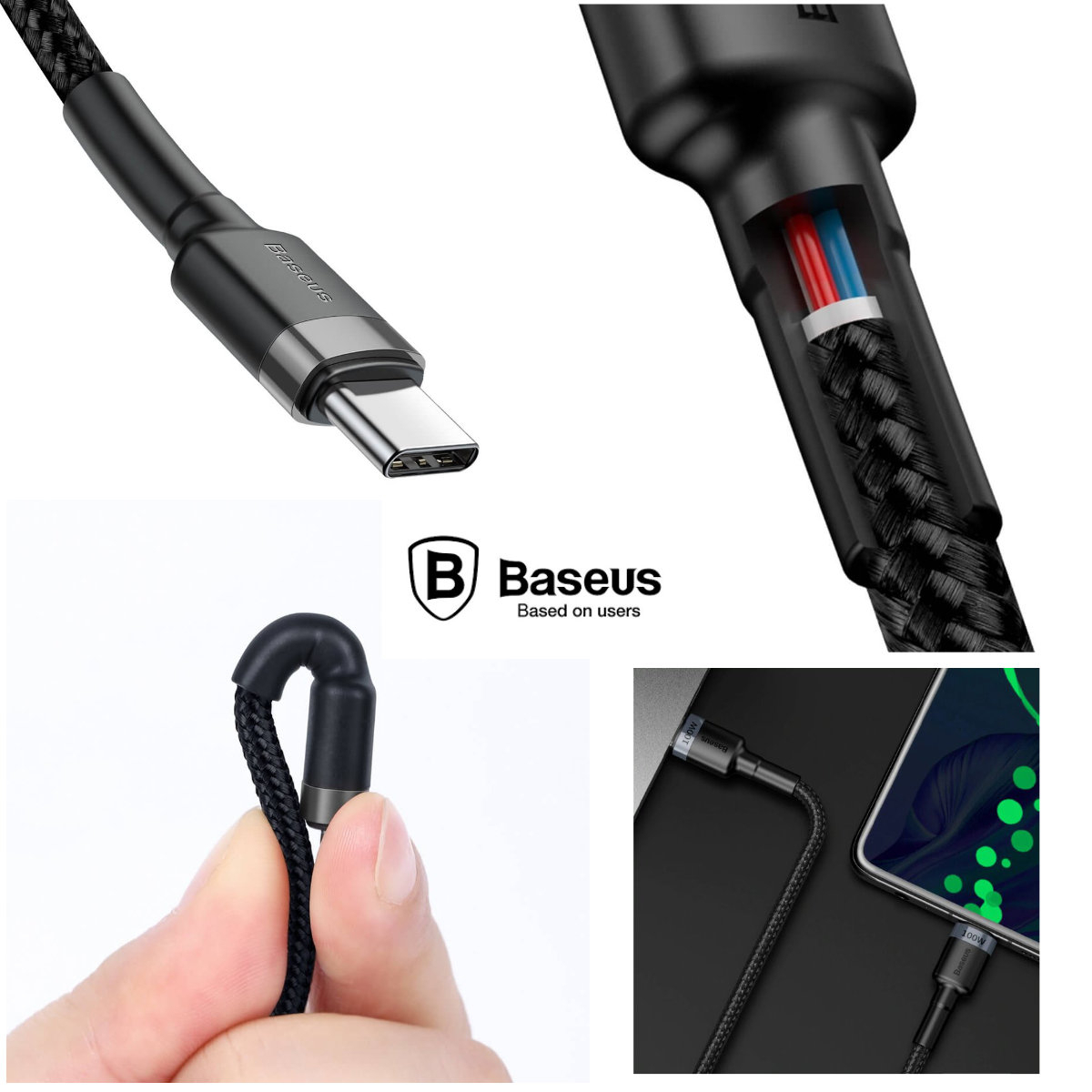 Cablu cu conectori USB tip C tata la USB tip C tata, Baseus Cafule CATKLF-ALG1, 2m, 100W, 5A, negru cu gri [4]