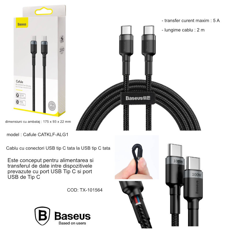 Cablu cu conectori USB tip C tata la USB tip C tata, Baseus Cafule CATKLF-ALG1, 2m, 100W, 5A, negru cu gri [6]