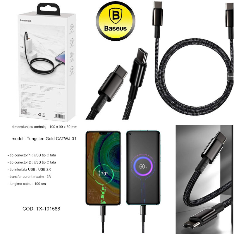Cablu cu conectori USB Tip C tata la USB Tip C tata, Baseus Tungsten Gold CATWJ-01, 100W, 5A, 1m, negru [17]