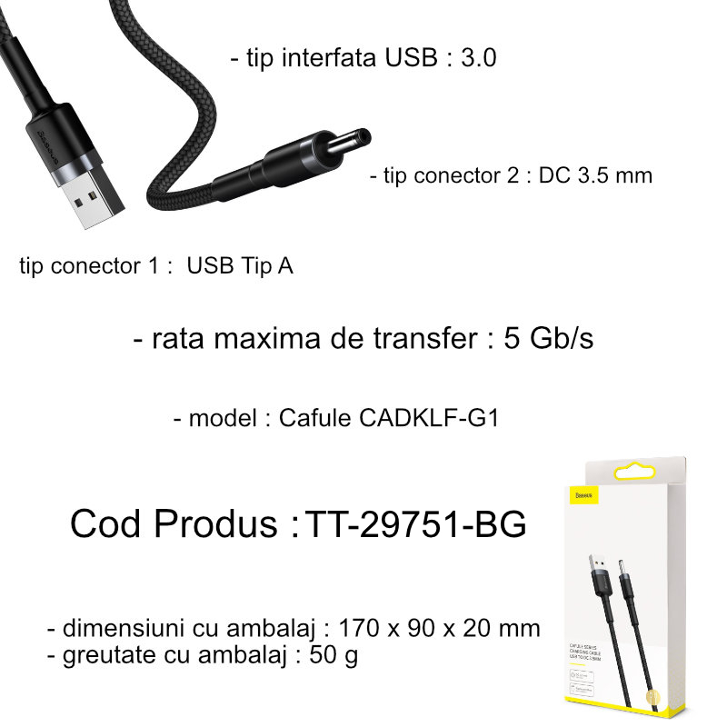 Cablu de alimentare, Baseus 29751, cu conector USB Tip A tata la DC 3.5 mm tata, model Cafule CADKLF-G1, 2A, lungime 1 m, negru [8]