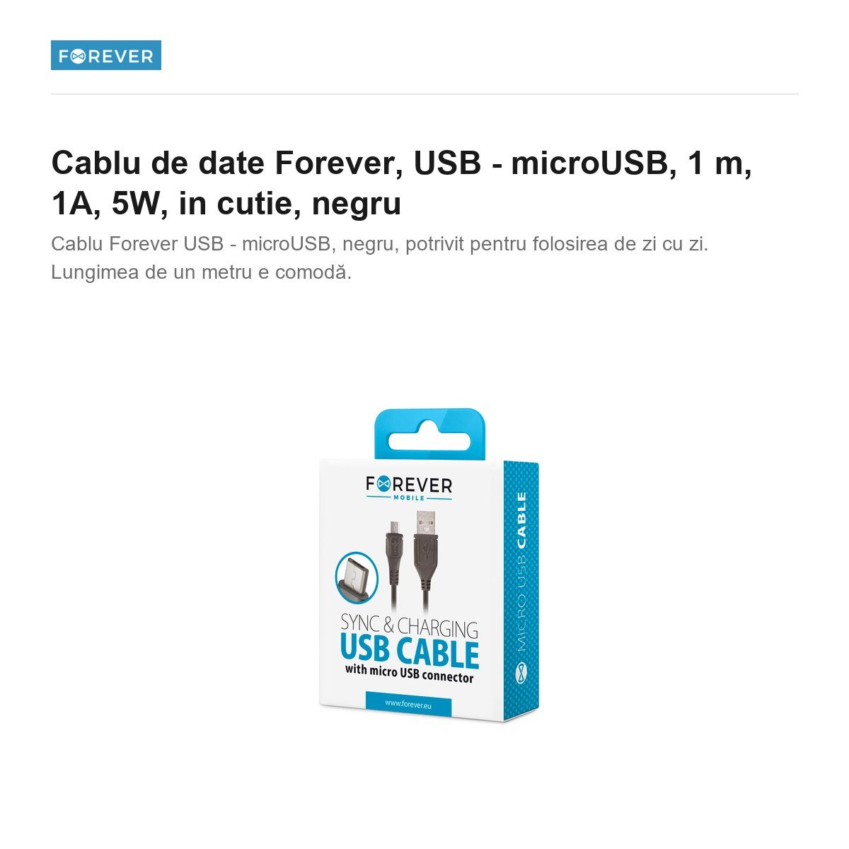 Cablu de date Forever, USB - microUSB, 1 m, 1A, 5W, in cutie, negru [2]