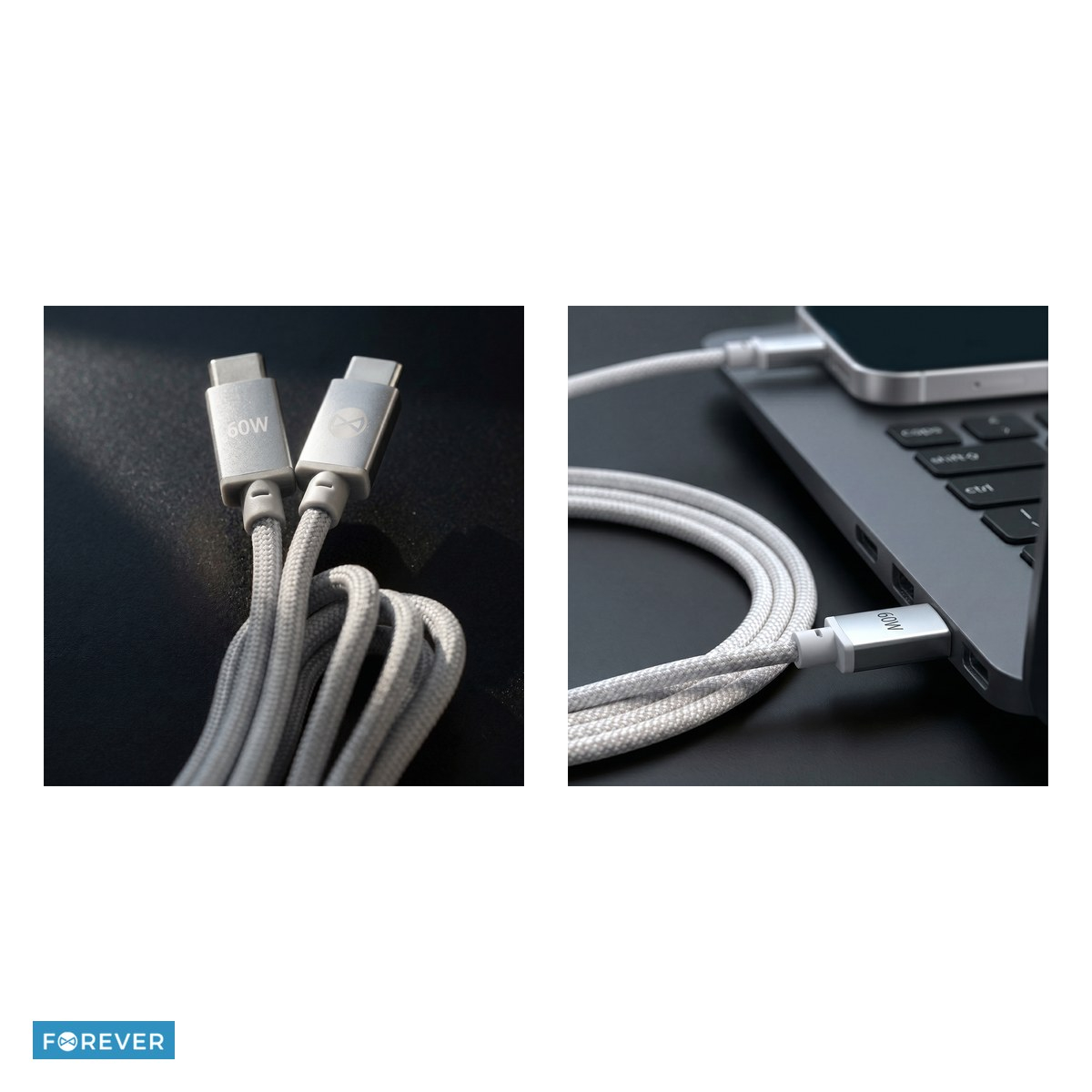 Cablu de date Forever Vibe, USB-C tata-tata, lungime 1m, 60W, invelis exterior din nylon impletit, conectori cu capete intarite, argintiu [5]