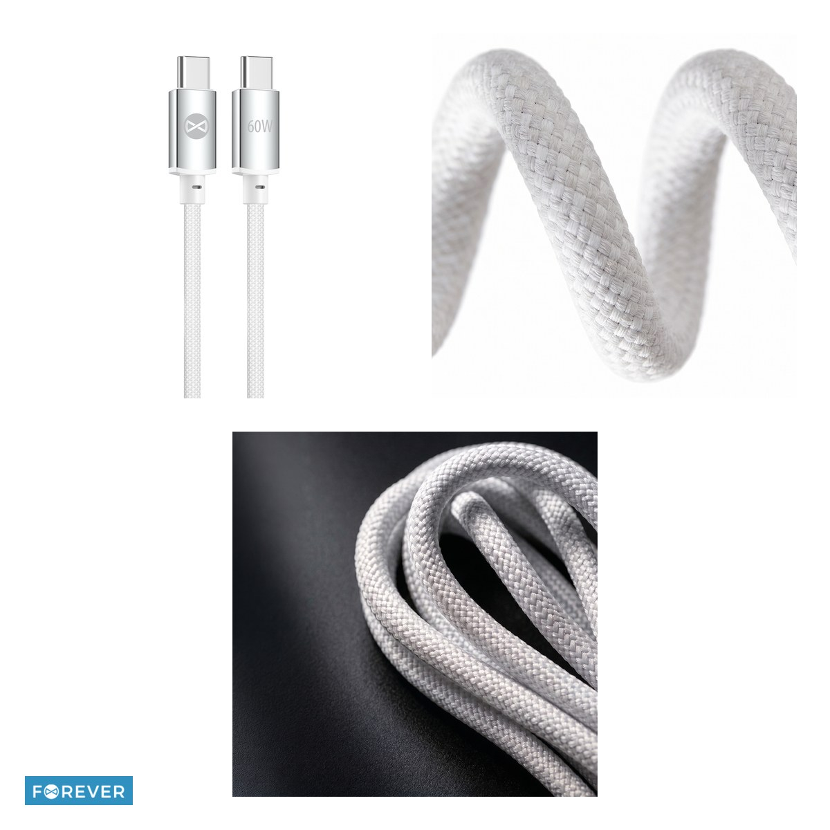 Cablu de date Forever Vibe, USB-C tata-tata, lungime 1m, 60W, invelis exterior din nylon impletit, conectori cu capete intarite, argintiu [4]