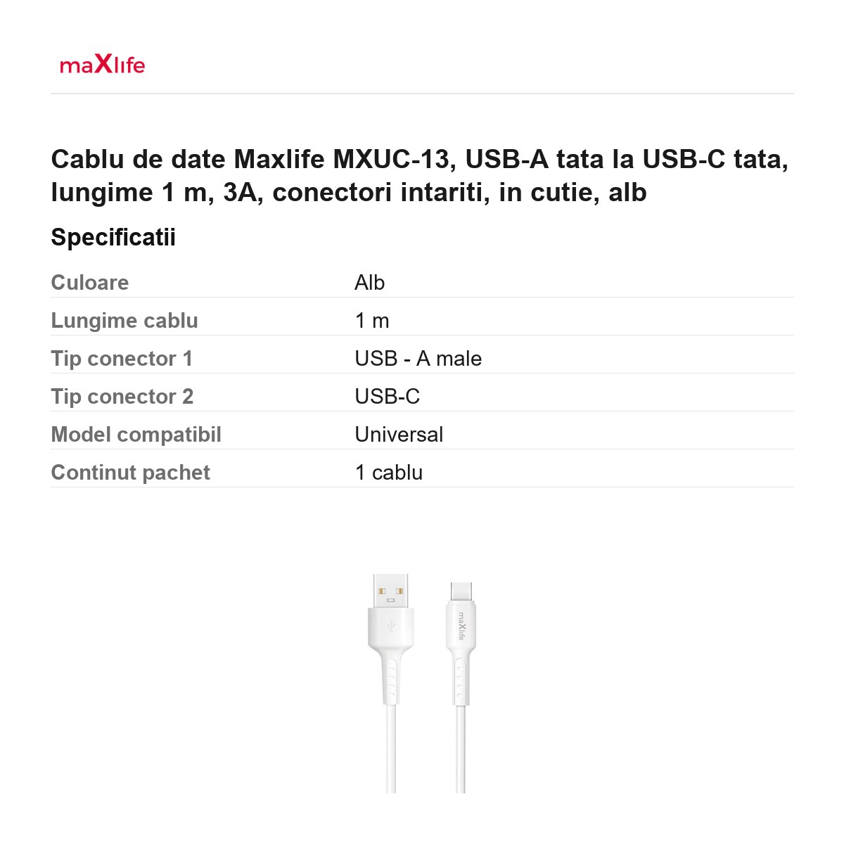 Cablu de date Maxlife MXUC-13, USB-A tata la USB-C tata, lungime 1 m, 3A, conectori intariti, in cutie, alb [3]