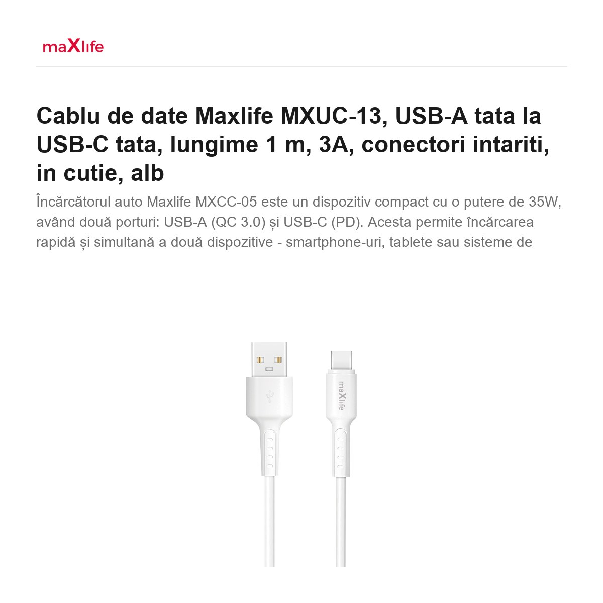 Cablu de date Maxlife MXUC-13, USB-A tata la USB-C tata, lungime 1 m, 3A, conectori intariti, in cutie, alb [2]