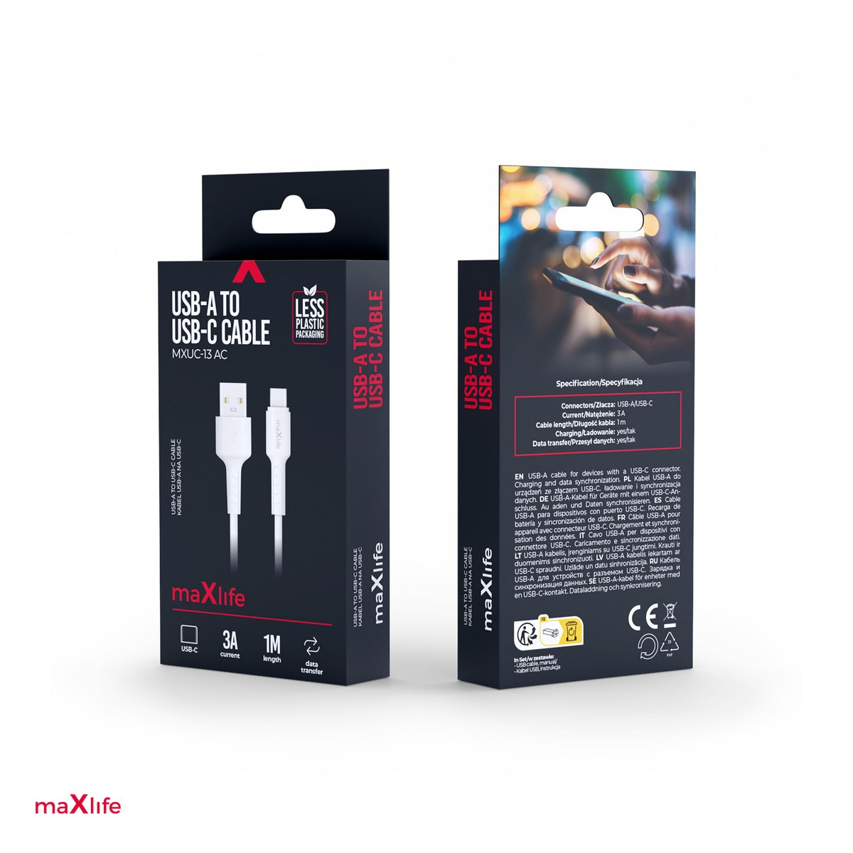 Cablu de date Maxlife MXUC-13, USB-A tata la USB-C tata, lungime 1 m, 3A, conectori intariti, in cutie, alb [4]