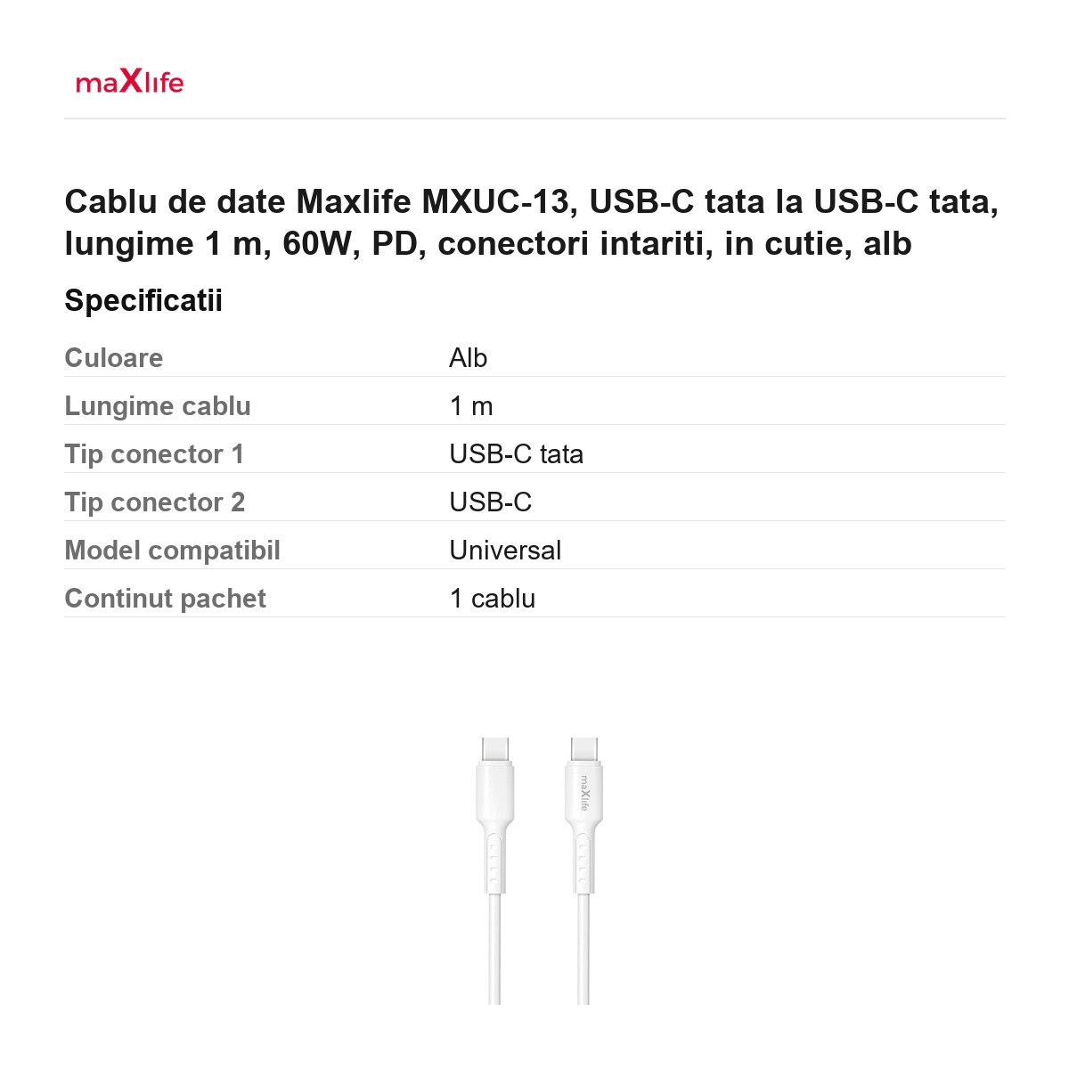 Cablu de date Maxlife MXUC-13, USB-C tata la USB-C tata, lungime 1 m, 60W, PD, conectori intariti, in cutie, alb [3]