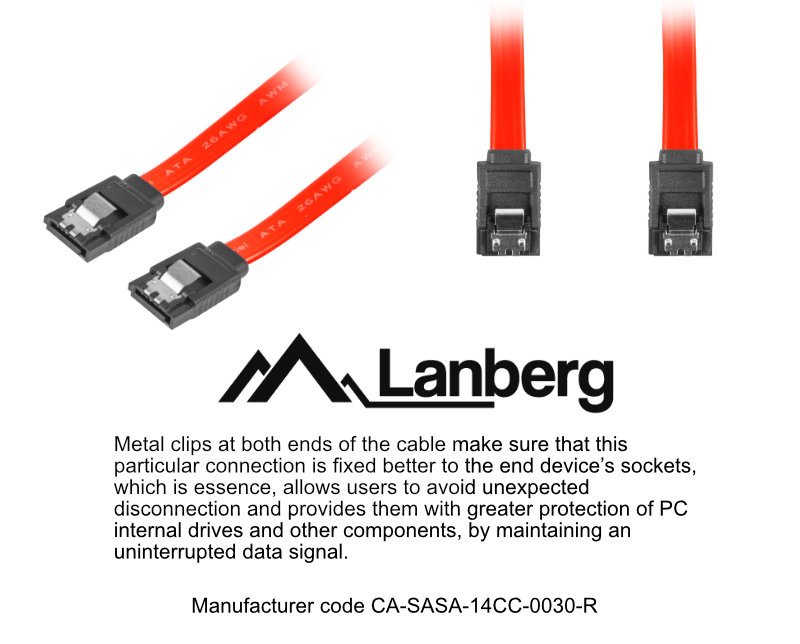 Cablu de date SATA II mama la SATA II mama, 30 cm, Lanberg 41932, 3 Gb/s, cleme metalice, rosu [6]