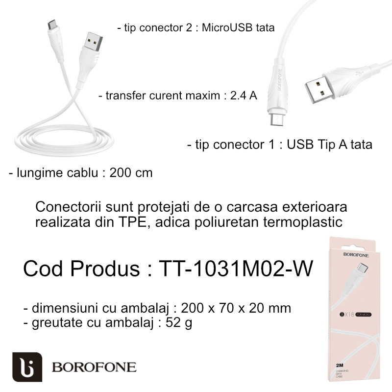 Cablu de date si alimentare, Borofone BX18, 70046 conector USB Tip A tata la MicroUSB tata, 2.4A, lungime 200 cm, alb [7]